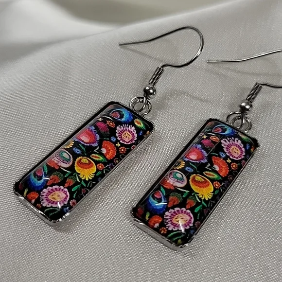 Polish Folk Art Cabochon Style Drop Earrings - Picture 5 of 6